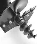 Close-up of the Beefy 12-Inch Diameter Reinforced 3-Point Auger Bit for 2-Inch Round Drive Post Hole Diggers, showing bolts and spiral tip