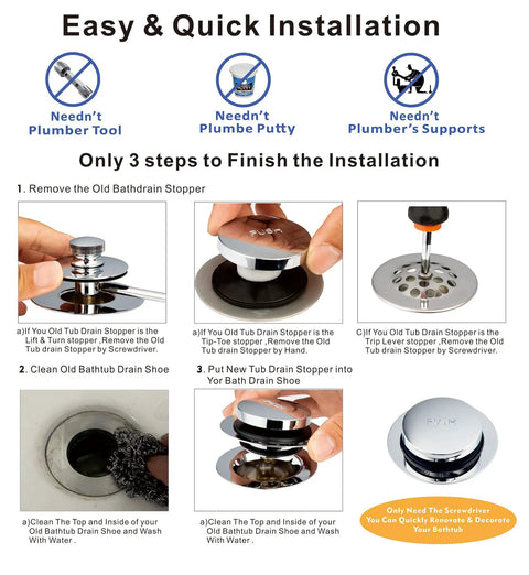 Step-by-step guide for installing Universal Bath Drain Stopper And Cover With Tip Toe Design Replaces Lift And Turn Drains Easy Install Clears Hair And Debris Fits Most Tub Drains No More Clogs Chrome Plated Upgrade