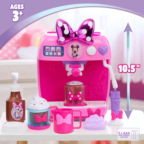 Minnie Mouse Bowrista 10 Inch Kids Espresso Machine Play Set With Cups Syrup Bottle Frothing Pitcher Portafilter Tamper And Toppings For Pretend Coffee Shop Fun Ages 3 And Up, pink with accessories, for ages 3+.