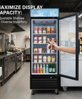 Straight Up Commercial Grade Upright Display Freezer With 16 Cu Ft Glass Door Merchandiser Rig For Stores And Cafes featuring ice cream and drinks.