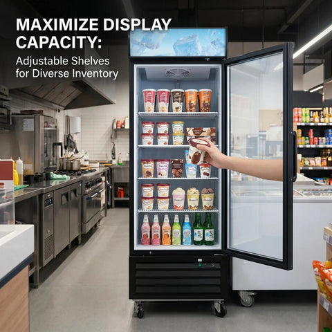 Straight Up Commercial Grade Upright Display Freezer With 16 Cu Ft Glass Door Merchandiser Rig For Stores And Cafes featuring ice cream and drinks.
