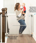 Woman and baby by gate with Baseboard Gate Adapter For Baby Gates, White Pro Grade Safety Solution Over Seven Inch Baseboards