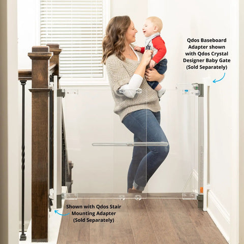Woman and baby by gate with Baseboard Gate Adapter For Baby Gates, White Pro Grade Safety Solution Over Seven Inch Baseboards