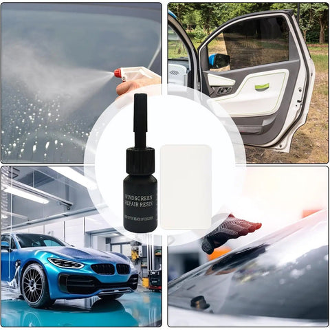 DIY Windshield Repair Kit for Auto Glass Crack Repair with Pro Resin, showing kit parts and application on cars and glass surfaces.