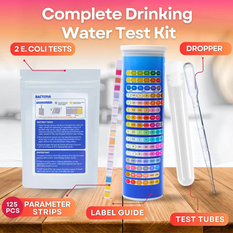 All In One Water Test Kit With 125 Strips For Home Tap And Well Water Quality Check Detects Hardness Lead Iron pH Copper Fluoride Chlorine And More With Fast Easy Accurate Results. 125-strip kit with dropper, test tubes, and color chart