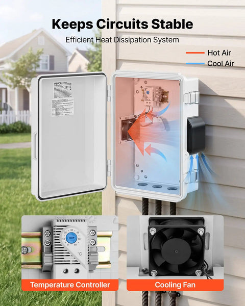 Tough-As-Nails Outdoor Electrical Box With ABS Housing Waterproof IP65 Enclosure Built-In Thermostat And Cooling Fan Ventilated Junction Box With Mounting Plate And Cable Grommets For Indoor And Outdoor Use on exterior wall