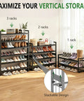 Expandable 2 Tier Metal Shoe Rack Stackable Closet Organizer Adjustable Entryway Storage Space Saver for Home Dorm Small Rooms Game Changer Organization King showcasing three stackable racks filled with various shoes.
