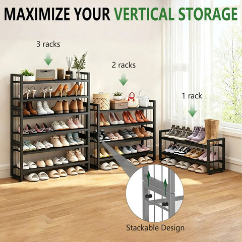 Expandable 2 Tier Metal Shoe Rack Stackable Closet Organizer Adjustable Entryway Storage Space Saver for Home Dorm Small Rooms Game Changer Organization King showcasing three stackable racks filled with various shoes.