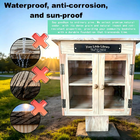 Outdoor Little Library Box With Stand And Nameplate, Weather Resistant Natural Wood Finish, Clear Doors To Keep Books Dry