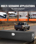 Road Ready Heavy Duty Aluminum Truck Bed Toolbox Featuring Diamond Plate Shield And Tamper Proof Latching For Rough Daily Runs And Tailgate Chasing 48 Inch Black Storage Case in a truck setup on a highway.