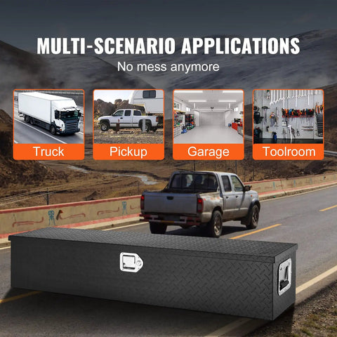 Road Ready Heavy Duty Aluminum Truck Bed Toolbox Featuring Diamond Plate Shield And Tamper Proof Latching For Rough Daily Runs And Tailgate Chasing 48 Inch Black Storage Case in a truck setup on a highway.