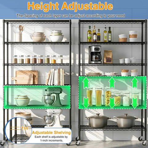 Beefy Six Tier Rolling Wire Shelf On Wheels For Garage And Home, Heavy Duty Steel Rack With 18 x 45 x 82 Inches Capacity, Black Finish, smooth mobility, easy assembly, durable storage unit showing adjustable shelves.