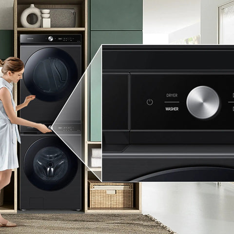 Bespoke Front Load Washer And Dryer Stacking Kit With Gap Cover No Fuss Space Saving Laundry Stack All Parts Included SKK-9MCV Brushed Black Fits In Tight Spaces.