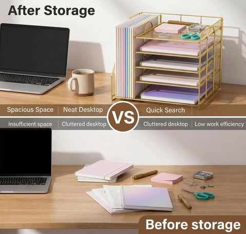 Five Tier Desktop File Organizer With Magazine Holder In Gold Finish on tidy desk, contrasted with cluttered desk without organizer.