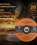 20 Pack 7 Inch Cut Off Wheels For Metal And Stainless Steel, Aggressive Cutting Discs For Angle Grinder, displayed with specs