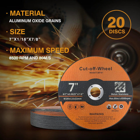 20 Pack 7 Inch Cut Off Wheels For Metal And Stainless Steel, Aggressive Cutting Discs For Angle Grinder, displayed with specs