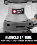 5-Inch Random Orbital Sander With Dual Plane Balance shown with dual-plane counter-balanced design for reduced fatigue.
