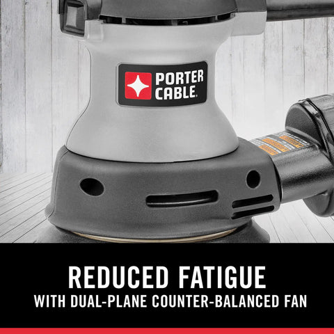 5-Inch Random Orbital Sander With Dual Plane Balance shown with dual-plane counter-balanced design for reduced fatigue.