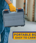 Person carrying portable plastic box for All In One Trailer Pin And Hardware Kit With 232 Pcs Including Hitch Pins Lynch Pins PTO Pins Cotter Pins Clip Pins For Trailer Accessories 3 Point Tractor Attachments Lawn Mowers Snow Plows And Farm Equipment