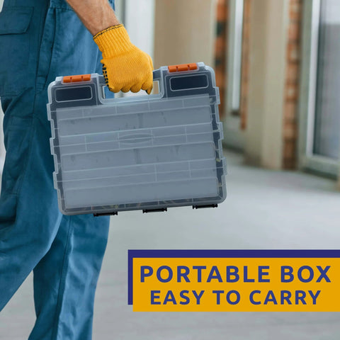 Person carrying portable plastic box for All In One Trailer Pin And Hardware Kit With 232 Pcs Including Hitch Pins Lynch Pins PTO Pins Cotter Pins Clip Pins For Trailer Accessories 3 Point Tractor Attachments Lawn Mowers Snow Plows And Farm Equipment