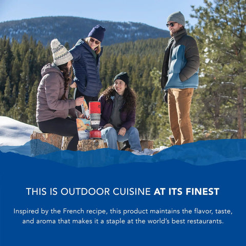 Group enjoying Creme Brulee Freeze Dried Backpacking Meal For Camping And Hiking Emergency Food With 12g Protein Vegetarian And Gluten Free