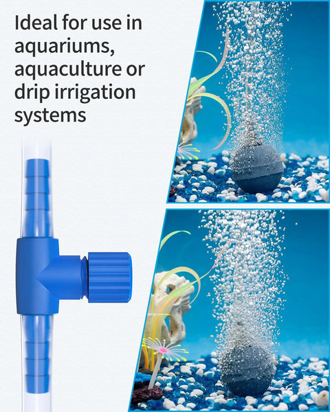 Blue aquarium air control valve for 3/16 inch ID tubing, single-way plastic regulator for fish tanks.