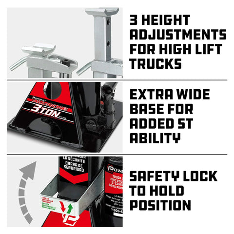 Powerbuilt 3-Ton all-in-one hydraulic bottle jack and jackstand; compact unit with extra-wide base and safety lock