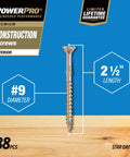 Pro Shop Grade Interior Wood Screws Size 9 X 2-1/2 Inch 88 Pack visible on blue background showcasing star drive and twisted shank.