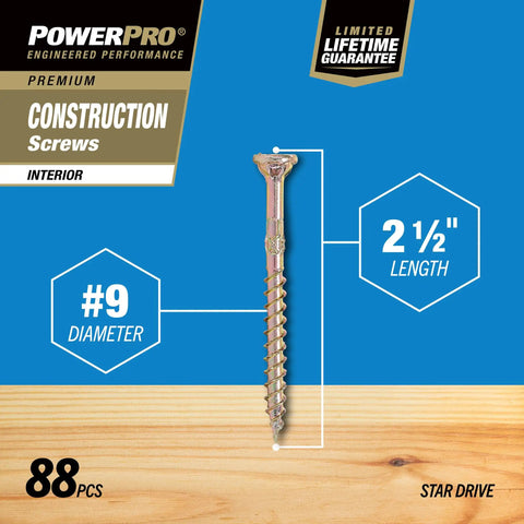 Pro Shop Grade Interior Wood Screws Size 9 X 2-1/2 Inch 88 Pack visible on blue background showcasing star drive and twisted shank.