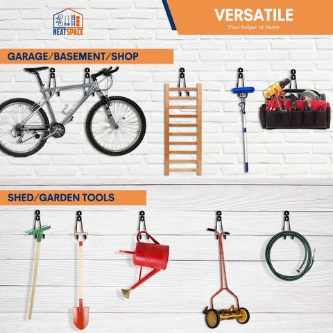 Ultra Heavy Duty 11 Inch Garage Hooks Wall Mount Storage Hangers holding bike, ladder, tools, hose, and garden equipment on white wall.