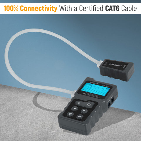 Network cable tester connected to a Cat6 cable displaying connectivity results.