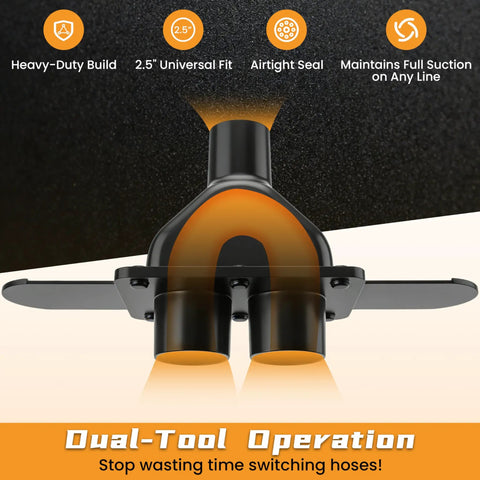 Two Point Five Inch Shop Vac Y Connector Separator With Dual Blast Gates Hose Splitter For Dust Collection Fits Craftsman Ridgid And Most Wet Dry Vacuums Durable Construction For Heavy Duty Dust Collection At The Job Site And Easy Hook Up In Any Shop shown in a front view.