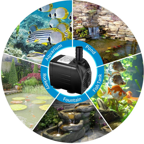 Ultra Quiet Submersible Water Pump 300GPH 1100L/H 21W with 5.9Ft power cord and 3 nozzles for various aquatic settings