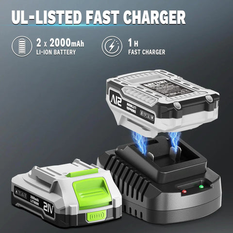 Cordless Leaf Blower With 2x2Ah Batteries And Fast Charger Lightweight 21V Electric Blower batteries and charger close-up