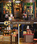 Interior view of the Dope Steampunk Train Station DIY Miniature House Kit With Victorian Fantasy Railtrack City Dollhouse Wood 3D Puzzle, showing a detailed gift and coffee shop scene with colorful products.