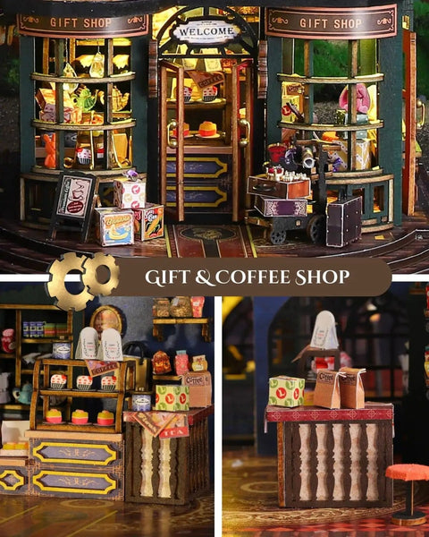 Interior view of the Dope Steampunk Train Station DIY Miniature House Kit With Victorian Fantasy Railtrack City Dollhouse Wood 3D Puzzle, showing a detailed gift and coffee shop scene with colorful products.