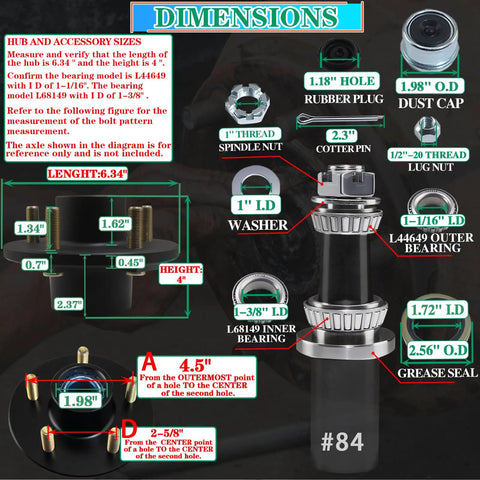 Pre Lubed 3500 Lb Trailer Hub Kit dimensions and components diagram