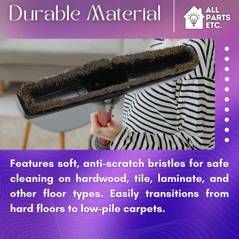 Person holding 1.25 Inch Vacuum Floor Brush Attachment with 10 Inch Wide Soft Bristles and Dual Adapters in striped shirt.