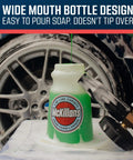Heavy Duty Foam Cannon For Pressure Washers With Thick Snow Foam Adjustable Foam One Quarter Inch Quick Connect Easy Car Wash Soap Dispenser And Suds Sprayer next to soapy car wheel