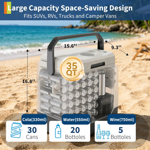Heavy Duty 35 QT Portable Electric Cooler And Warmer For Cars Trucks And Homes 12V 110V Thermoelectric Fridge Box With Power Cord Gray on beach holding 30 cans and 20 bottles.