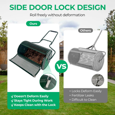 Comparison of 24 Inch Compost Spreader For Garden And Lawn with side door lock design and easy cleaning feature, against competitor