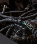 3/4 Inch Split Wire Loom Tubing 10 Foot Polyethylene Corrugated Flexible Conduit protecting wires in an engine compartment.