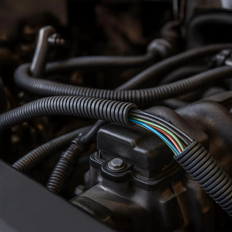 3/4 Inch Split Wire Loom Tubing 10 Foot Polyethylene Corrugated Flexible Conduit protecting wires in an engine compartment.