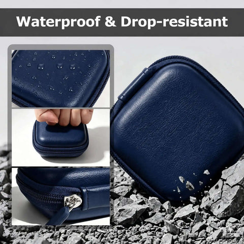 Close-up of Dang Slick PU Leather And Eva Hard Shell Earbud Case For AirPods And Wireless Pods With Internal Mesh Pocket And Cable Stash And Carabiner Strap To Hold It Tight On Every Adventure In Blue showing waterproof feature.