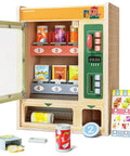 Wooden Vending Machine Play Set For Kids Built For Realistic Pretend Shopping Fun With Snack Bars And Drink Cans shown open