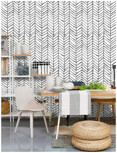 Black And White Peel And Stick Wallpaper Stripe Herringbone Geometric Textured Self Adhesive Contact Paper Removable For Bathroom