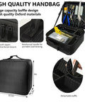 Black zippered tool case for 212-piece 3D printer toolkit; reinforced handle and detachable baffle