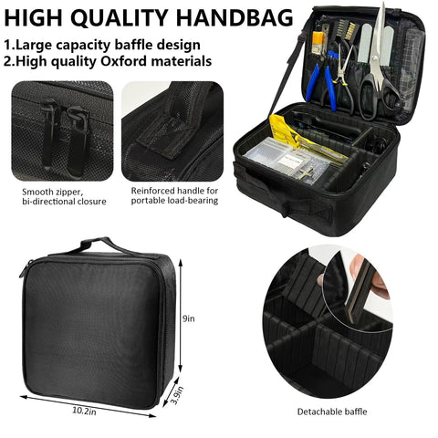 Black zippered tool case for 212-piece 3D printer toolkit; reinforced handle and detachable baffle