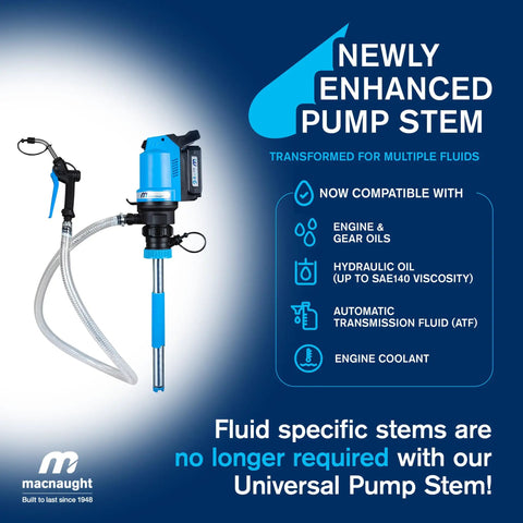 Heavy Duty Battery Powered Oil Transfer Pump Kit For Five Gallon Buckets With Ultra Fast Hose And Trigger Nozzle To Shift Motor Oil ATF Or Coolants With Zero Sweat, featuring a pump stem and hoses.