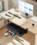 Space-Saving Large Under Desk Keyboard Tray With Sturdy C Clamp Mount, black tray under wooden desk with retractable drawer.